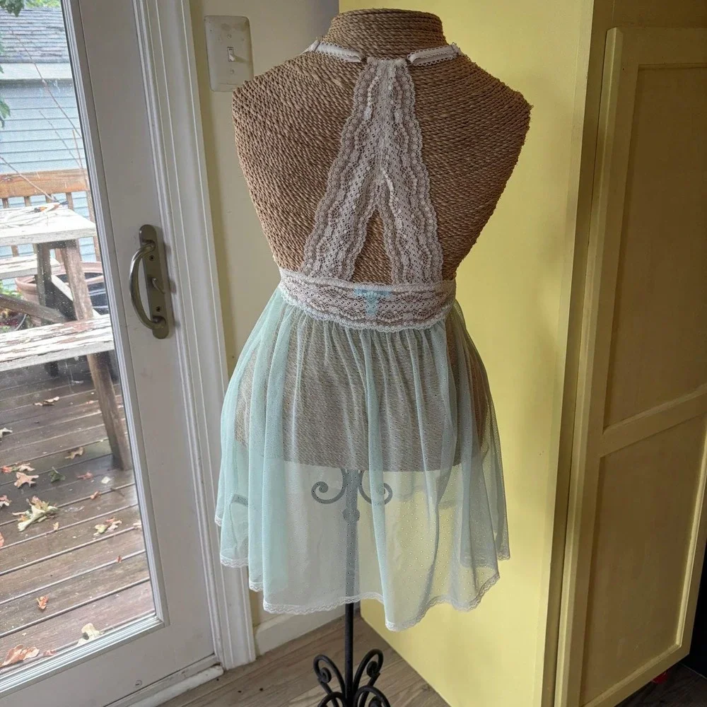 Betsey Johnson Aqua Blue Babydoll Lingerie Lace Trim Ruffle Halter Y2K - Picture 8 of 12